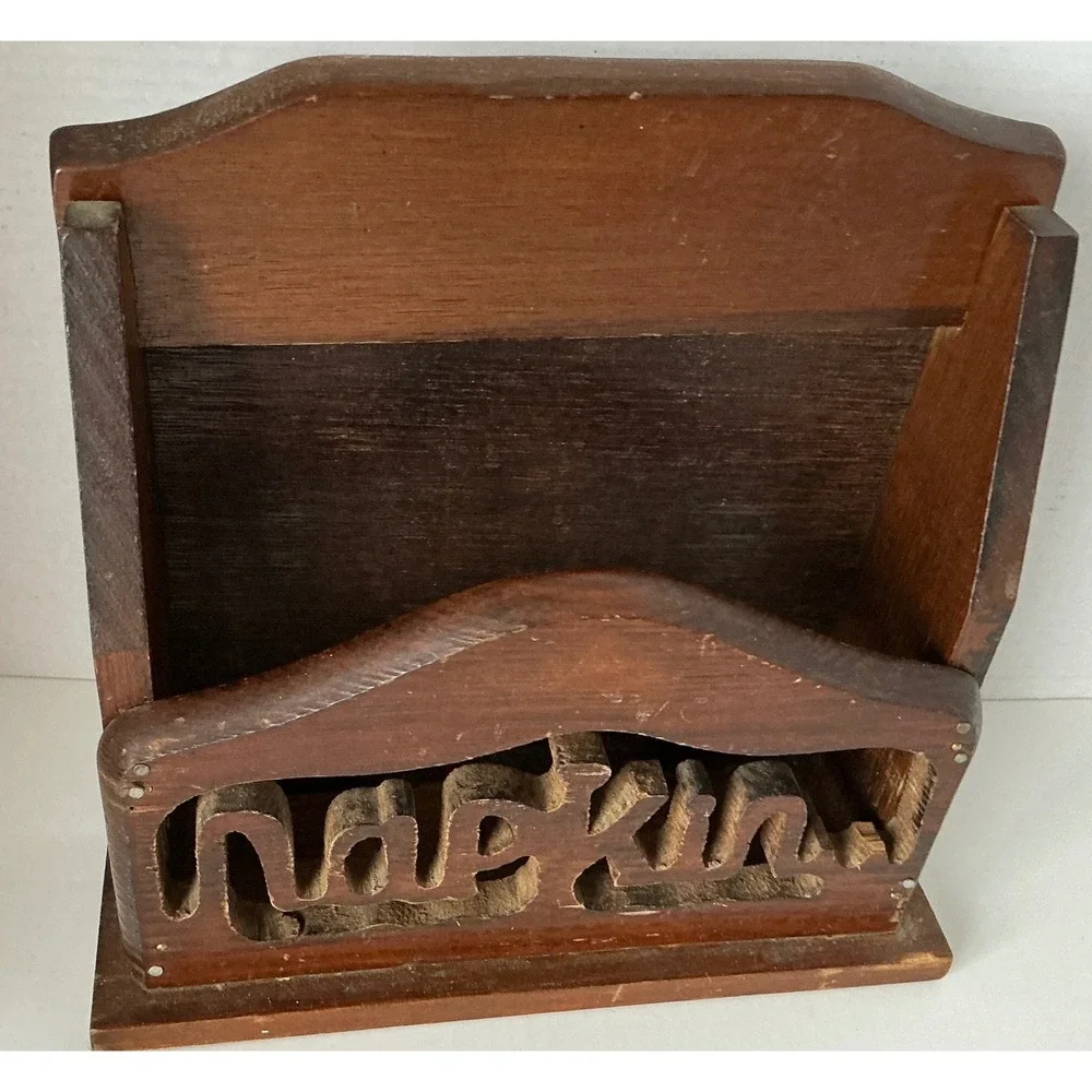 Vintage Wooden Napkin Holder Wall Mount Cutout Lettering Brown Rustic Kitchen
